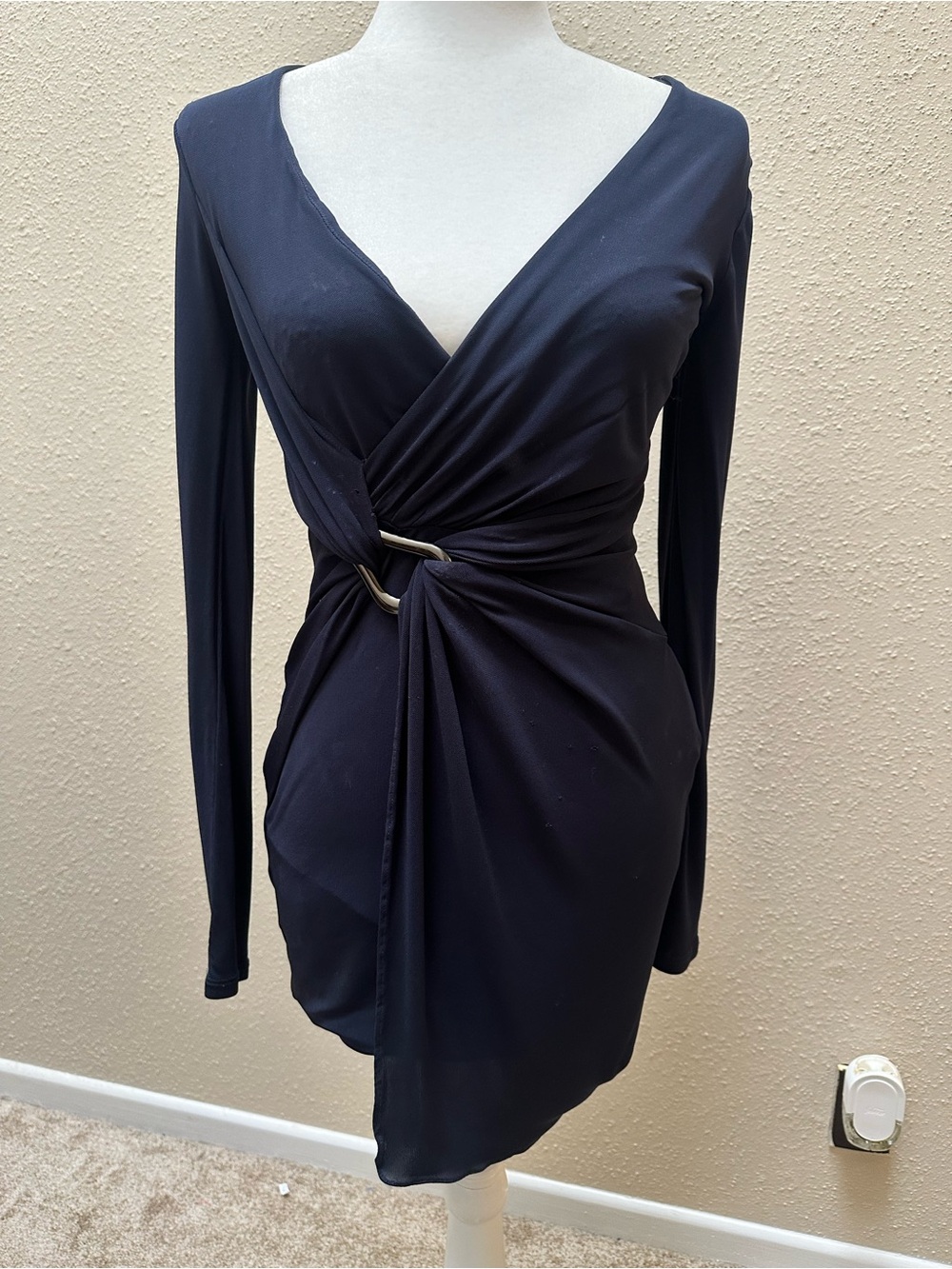 Halston Heritage Ruched V-Neck Wrap Bodycon Mini Dress Asymmetric Stretch Sz 0